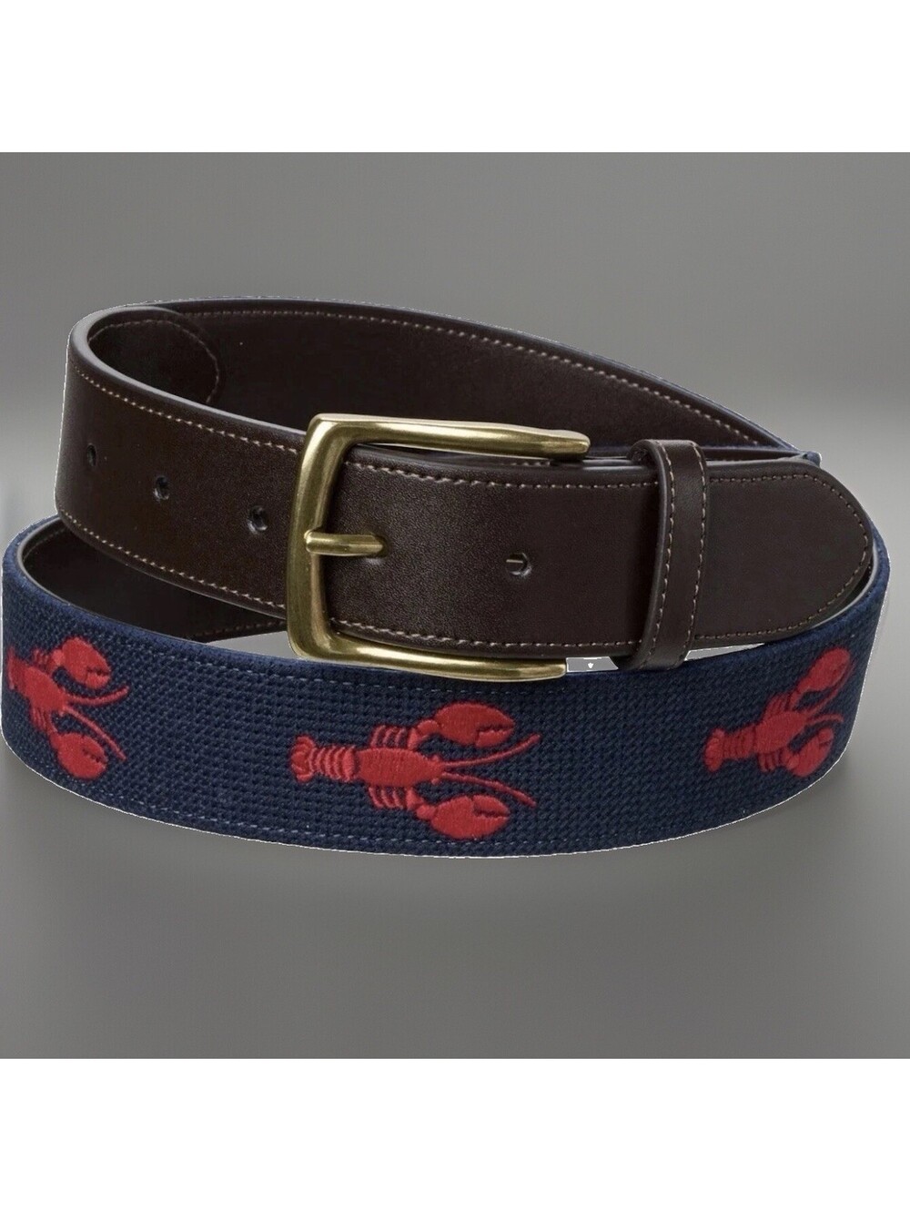 Original Penguin Men's 34 Golf Belt Needlepoint Lobster Navy/Brown Leather